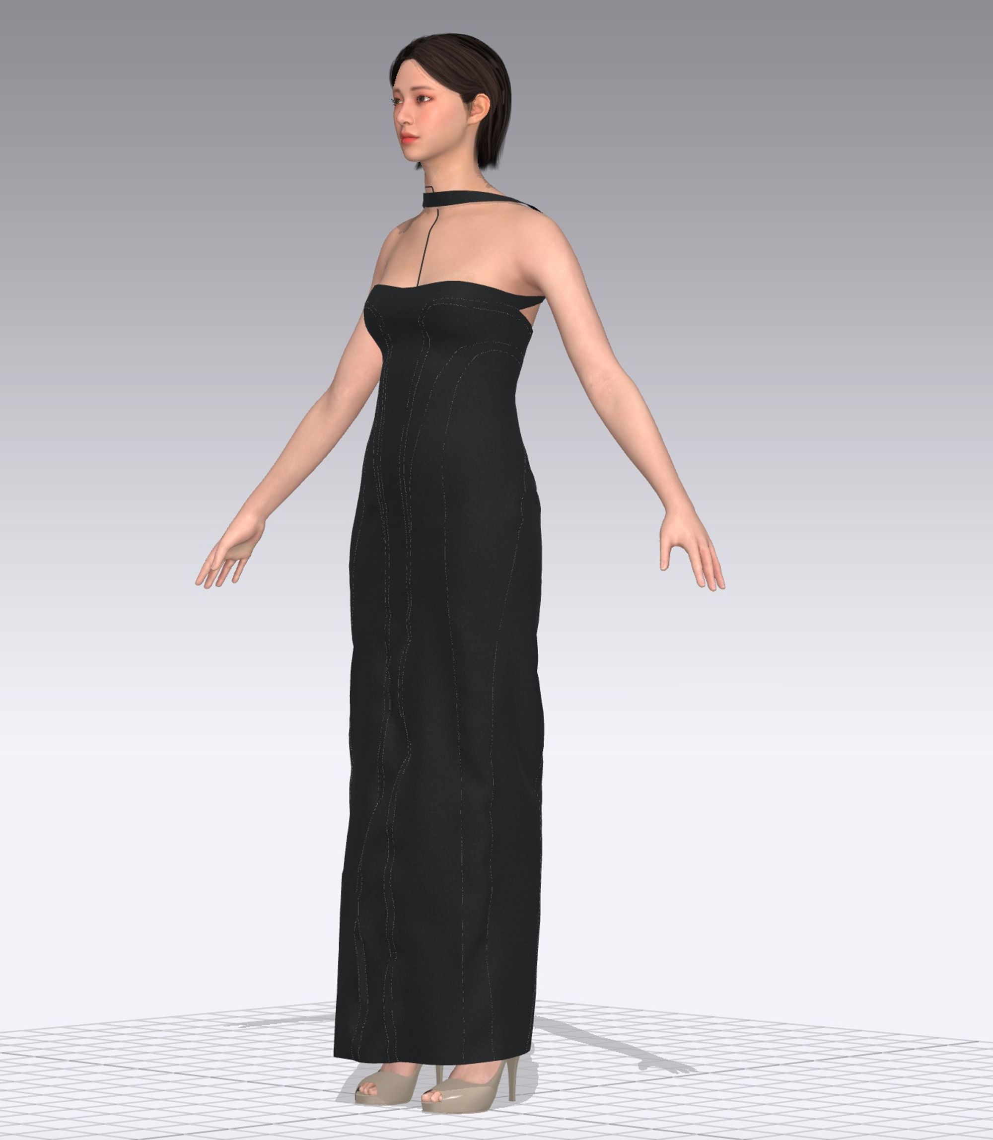 A digital rendering of a woman in a fitted black strapless gown with visible seam lines and a distinctive high choker-style collar connected to the neckline with a thin central strap. The model stands in a neutral pose against a gray studio background.